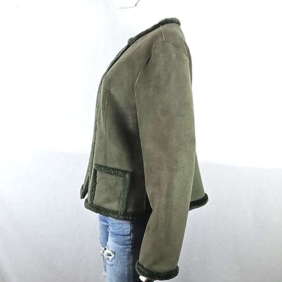Anne Klein Moss Green Plush Faux Suede & Faux Fur Lined Jacket Coat - Picture 9 of 16